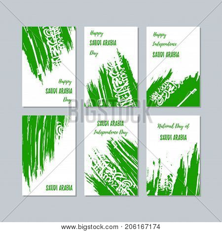 Saudi Arabia Patriotic Cards For National Day. Expressive Brush Stroke In National Flag Colors On Wh