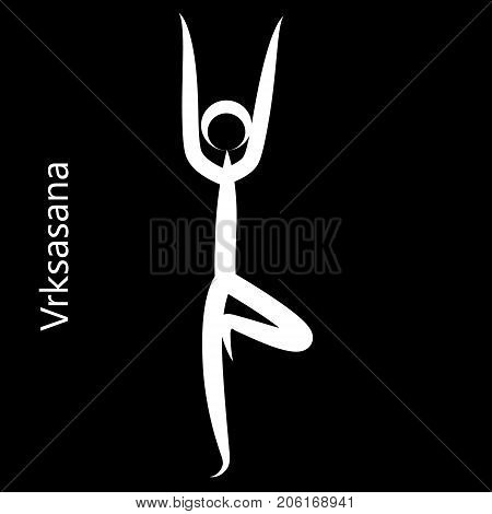 Tree Pose, Vrksasana. Yoga Position. Vector Silhouette Illustration. Vector graphic design or logo element for spa center, studio, class, center, poster. Yoga retreat. White
