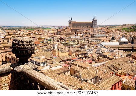 Aerial view of the medieval city of Toledo in Spain with the Alcazar overlooking the old town
