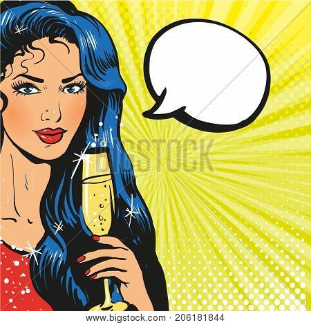 Toast girl party yellow retro background pop art retro vector. Celebration and party. Alcohol drink stock