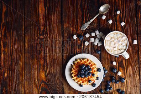 Homemade Waffles with Fresh Blueberry and Topping on Plate Cup of Hot Chocolate with Marshmallow.Copy Space on the Left. Veiw from Above.