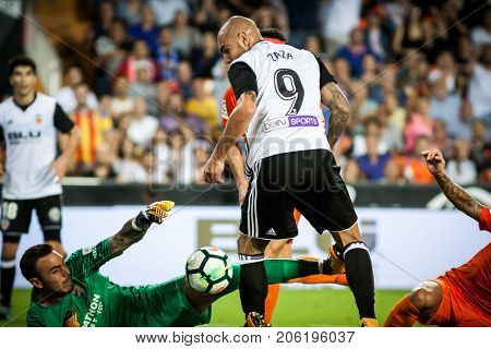 VALENCIA, SPAIN - SEPTEMBER 19: 9 Zaza during Spanish La Liga match between Valencia CF and Malaga CF at Mestalla Stadium on September 19, 2017 in Valencia, Spain