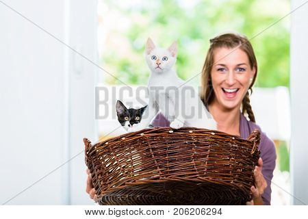 Portrait of beautiful woman holding wicker basket with cute and adorablekittens