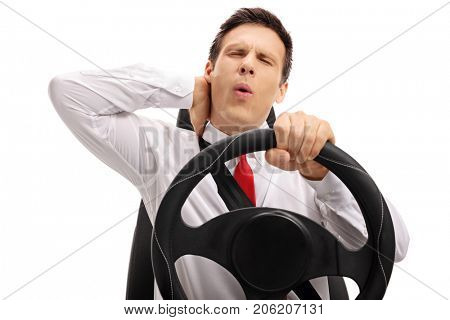 Businessman driving and experiencing neck pain isolated on white background