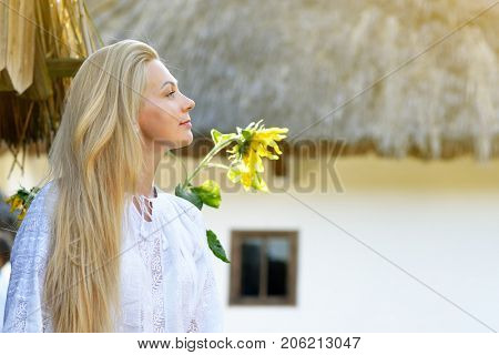 Ukrainian woman in traditional clothing vyshyvanka with embroidery over landscape of tipical ukrainian village with old houses, summer outdoor.