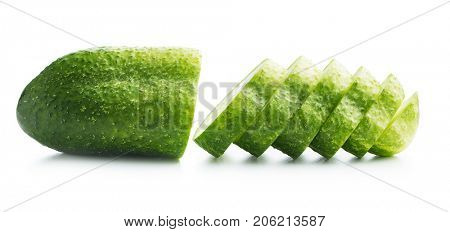 Fresh sliced cucumber isolated on white background. One sliced cucumber.