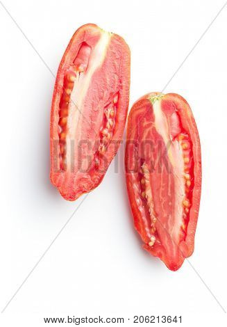 Halved San marzano tomatoes isolated on white background. Top view