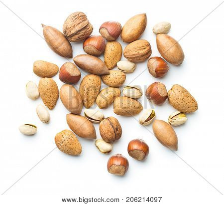 Different types of nuts in the nutshell. Hazelnuts, walnuts, almonds, pecan nuts and pistachio nuts isolated on white background.