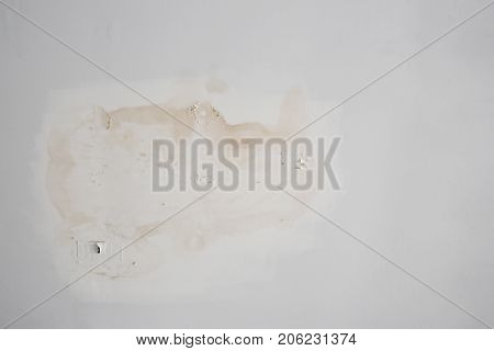 Rainwater leaks from the roof cause damage to the ceiling and tiles and gypsum board empty space for text.