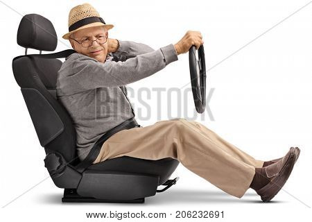 Mature man seated in a car seat experiencing neck pain isolated on white background