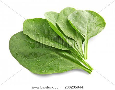 Fresh spinach leaves on white background