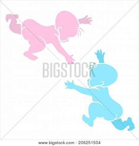 Stencil playing children. Vector pink and blue silhouettes of two newborn babies.
