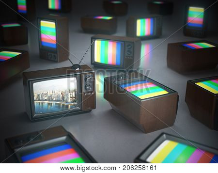 Pile of vintage TV with one in standby. TV channels concept 3d illustration