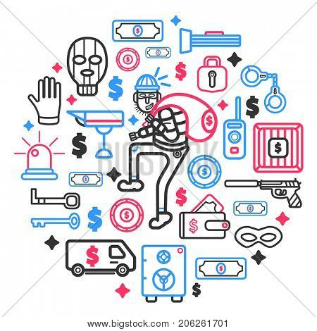 Thief burglar and theft robbery  poster or icons set