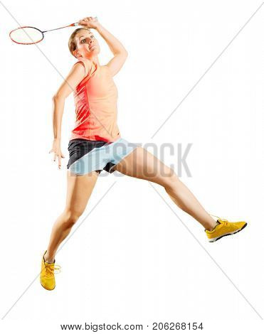 Young woman badminton player isolated on white (ver without shuttlecock)