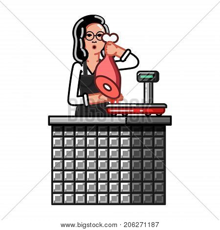 Meat store worker weighs the goods. Fresh meat stand in a supermarket. Vector illustration isolated on white background.
