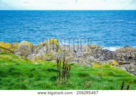 Beautiful rocky seashore at Peel hill in Isle of Man