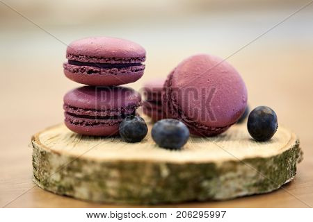 cooking, confectionery and baking concept - blueberry macarons on wooden stand