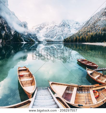 Great scene the alpine lake Braies (Pragser Wildsee). Location place Dolomite national park Fanes-Sennes-Braies, Italy. Europe. Retro and vintage style. Instagram effect. Explore the world's beauty.