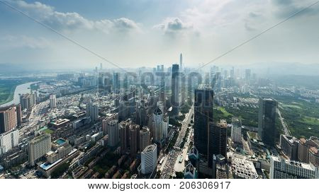 Skyscrapers of Shenzhen city at sunny day, view from SEG Plaza, China