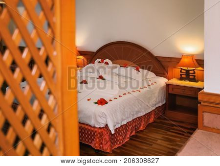 Hotel room prepared for romantic date