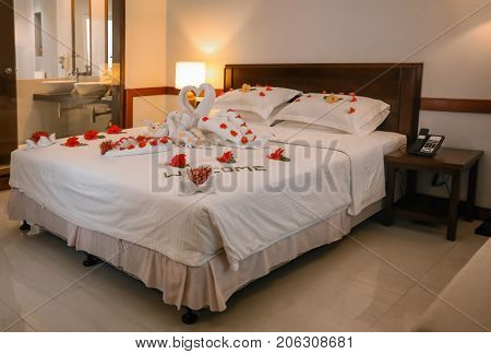 Hotel room prepared for romantic date