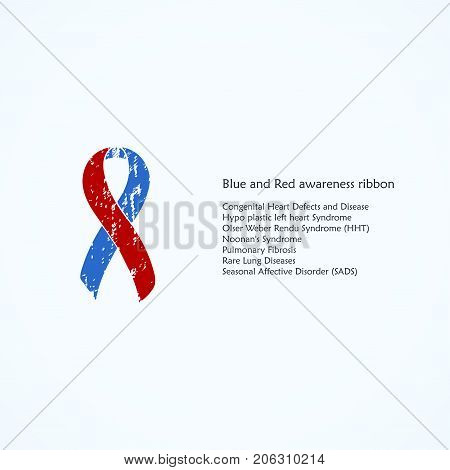 Awareness Blue and Red Ribbon. Painted. Congenital Heart Defects and Disease, Hypo plastic left heart Syndrome, Olser Weber Rendu, Isolated icon. Watercolor painted background.