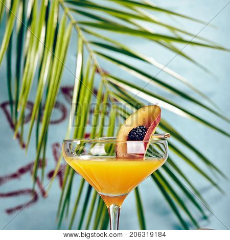 Summer  Cocktail -  Pornstar Martini. Drink with Passion fruit, Vodka, Liquor, Vanilla Syrup, Champagne and Lime Juice. Tropical Leaf on Background