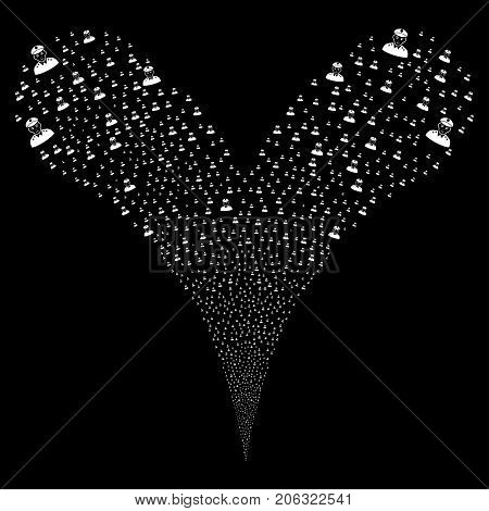 Army General explosive stream. Vector illustration style is flat white iconic army general symbols on a black background. Object fountain done from random pictographs.