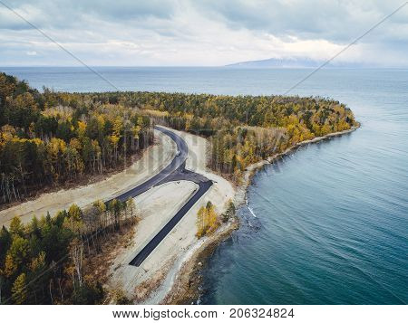 aerial view road shore water lake forest