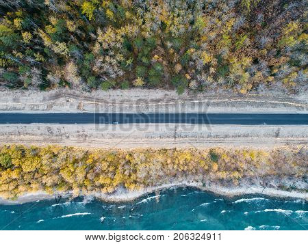 aerial view road shore water lake forest