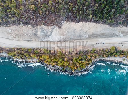 aerial view road shore water lake forest