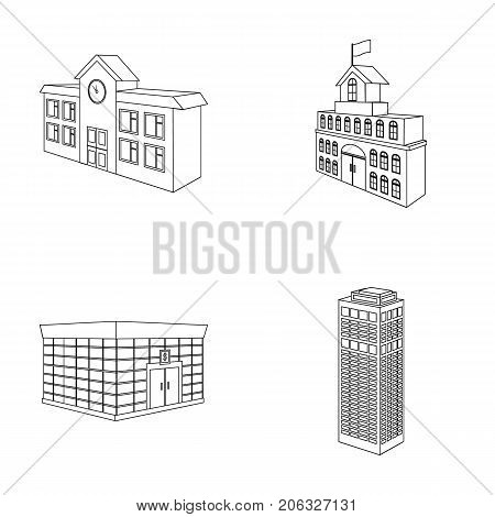 Bank office, skyscraper, city hall building, college building. Architectural structure set collection icons in outline style vector symbol stock illustration .