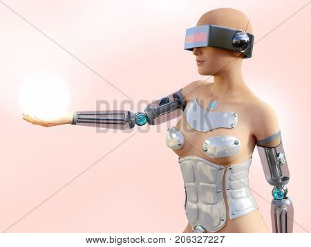 3D rendering of a sexy female android robot holding a glowing sphere of energy or light in her hand against a pink background.