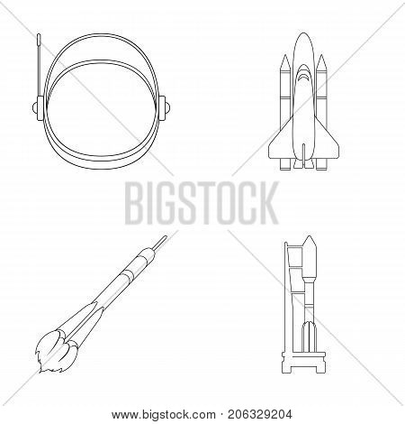 A spaceship in space, a cargo shuttle, A launch pad, an astronaut's helmet. Space technology set collection icons in outline style vector symbol stock illustration .