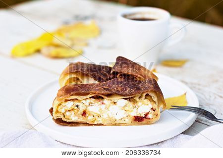 Strudel, Pie With Cheese. Autumn Decoration.