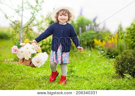 Toddler Curl Hair Girl With Basket Full Of Flowers: Peony And Roses