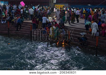 Haridwar, India - March 20, 2017:  Holy Ghats At Haridwar, India, Sacred Town For Hindu Religion. Pi