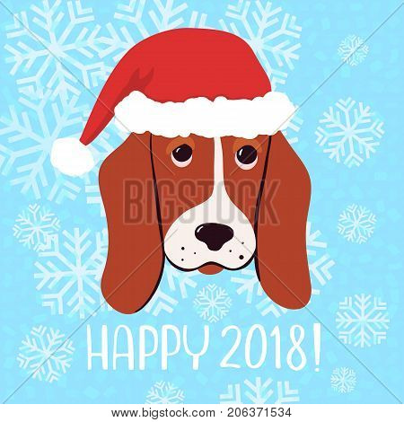 Happy 2018 Vector New Year greeting card with dog in christmas hat on blue background.