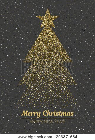 Abstract golden christmas tree on black background. Vertical vector Merry Christmas and happy New Year illustration.