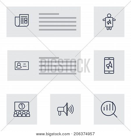 Collection Of Promotion, Audience, Newspaper And Other Elements.  Set Of 7 Advertising Outline Icons Set.