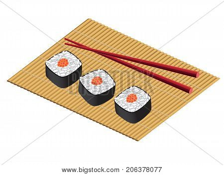 Plate from a Japanese rolls, chopsticks on a white background.