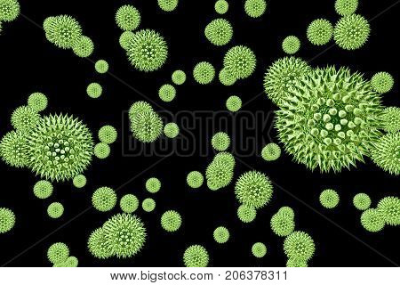 Pollen grains from different plants, 3D illustration. They are factors causing hay fever and allergic rhinitis