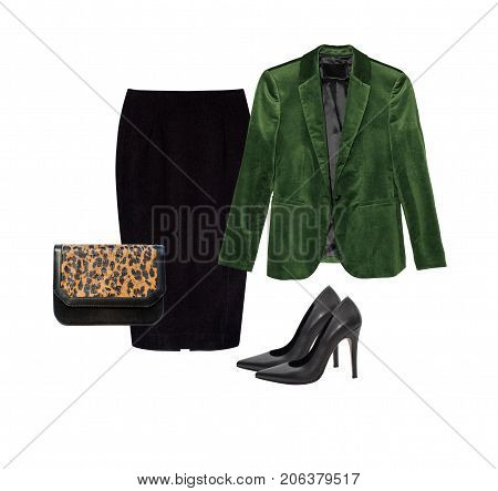 Set of stylish clothes collection for autumn and spring seasson. Collage of women's clothing on isolated white background.