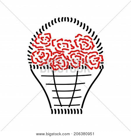 Basket with roses sign. Image of handmade weave. Color icon isolated on white background. Red seven roses in decorative wicker basket for gift. Logo for invitation. Stock vector illustration