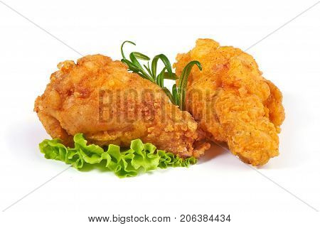 Breaded Crispy Fried Chicken Leg Isolated On A White Background