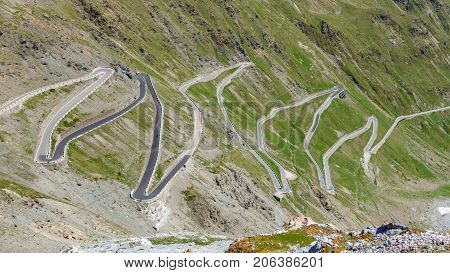 Top view of serpentine road of Stelvio Pass from above. Prato side