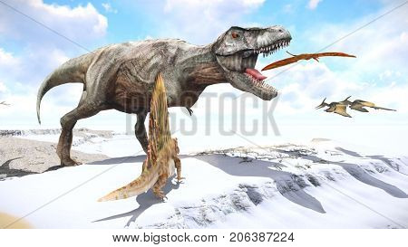 Velociraptor and pterodactyl 3d rendering