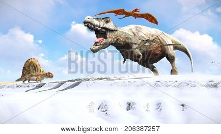 Velociraptor and pterodactyl 3d rendering