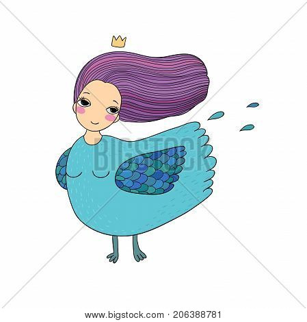 Girl Sirin. Mythological bird. Russian folklore. Isolated objects on white background. Vector illustration.